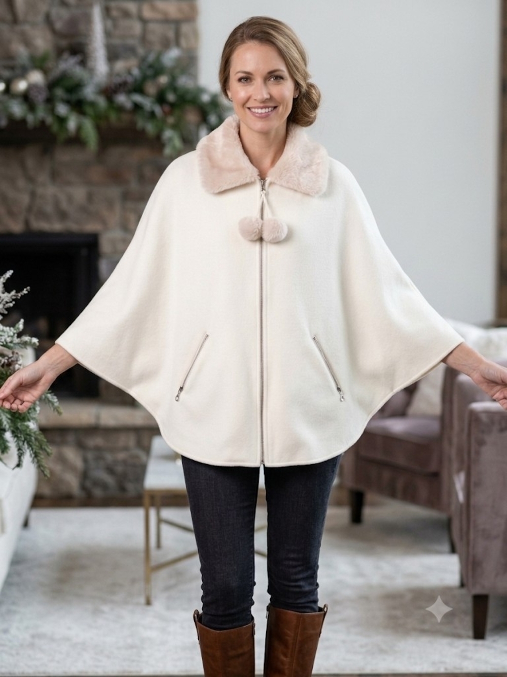 LeModa Fleece Cape With Cream Faux-Fur Collar And Zip Front